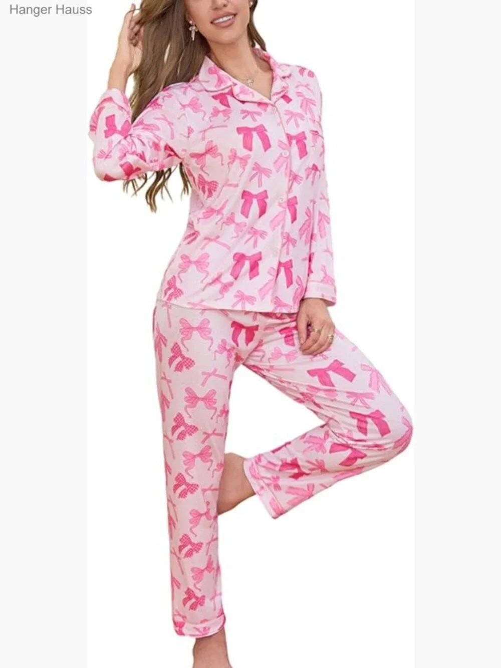2pc Long Sleeve Button Down Pajama Set with Pocket, Elegant Notched Lapel